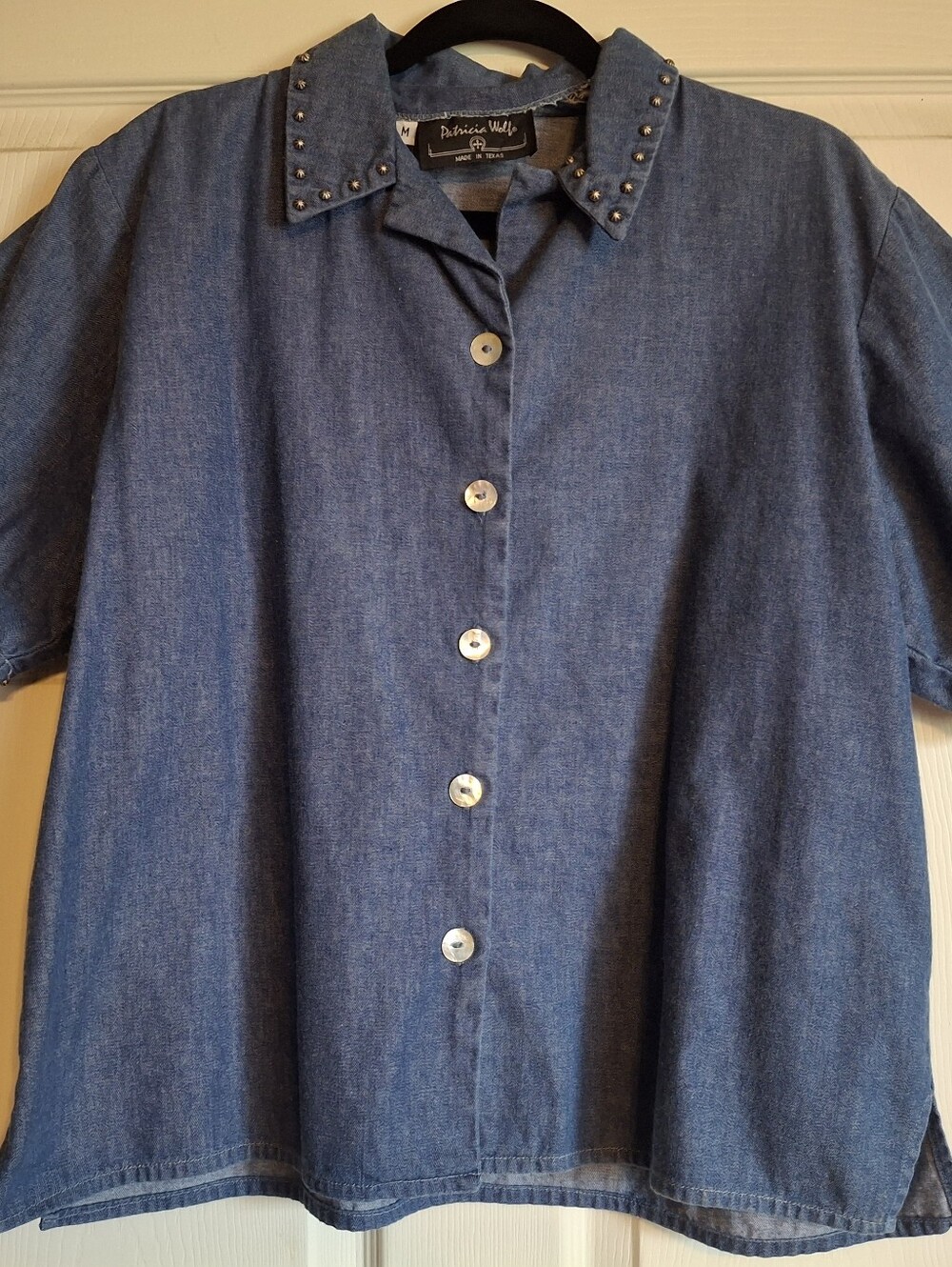 Patricia Wolf - Blue Denim Button-Front Shirt with Studded Collar. Made In Texas